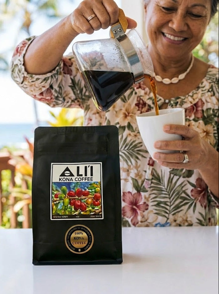 Person pouring coffee from a carafe into a cup next to a bag of Ali'i Kona Coffee.