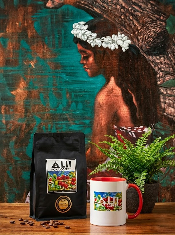 ALii Kona Coffee bag and mug with coffee beans on a wooden surface, featuring a background of a woman and nature.