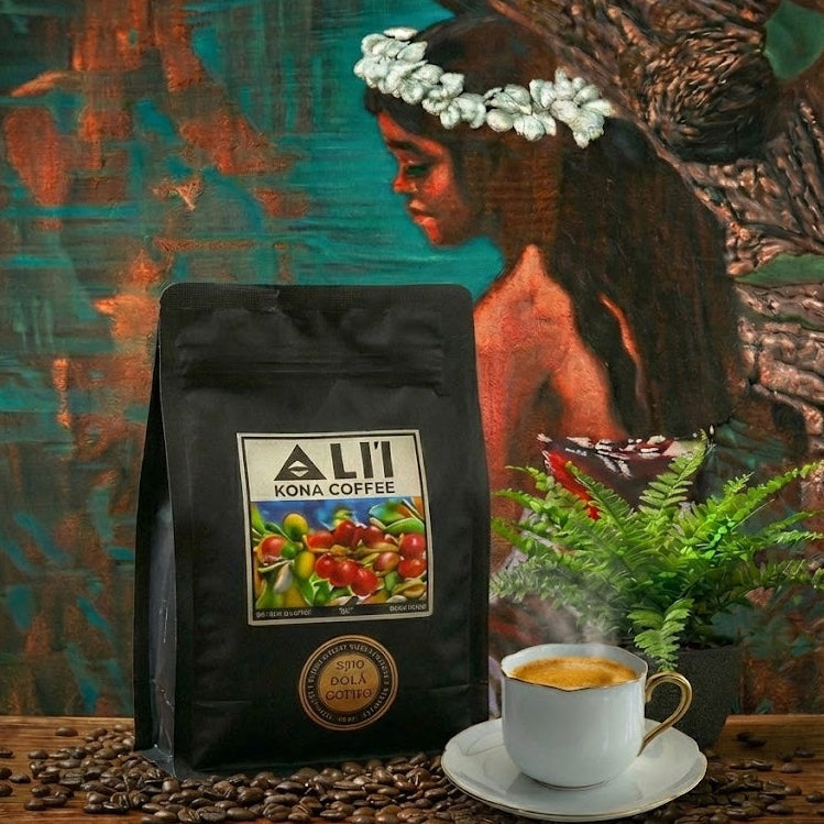 ALii Kona Coffee bag with a cup of coffee on a wooden surface with a natural background